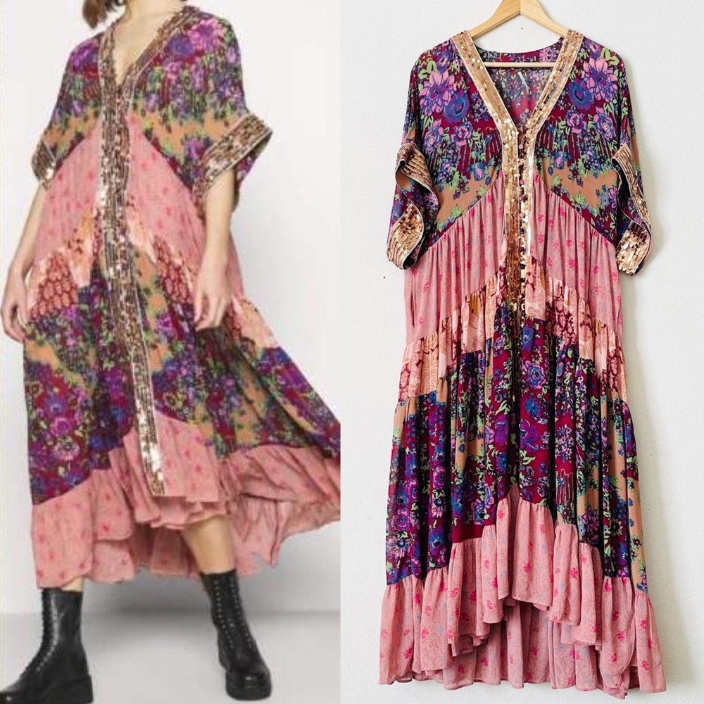 Free People Pink Floral Boho Tiered Maxi Dress